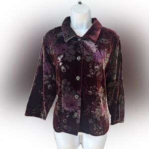 Vintage Velvet Burnout Semi-Sheer Dark Moody Floral Button-up Top